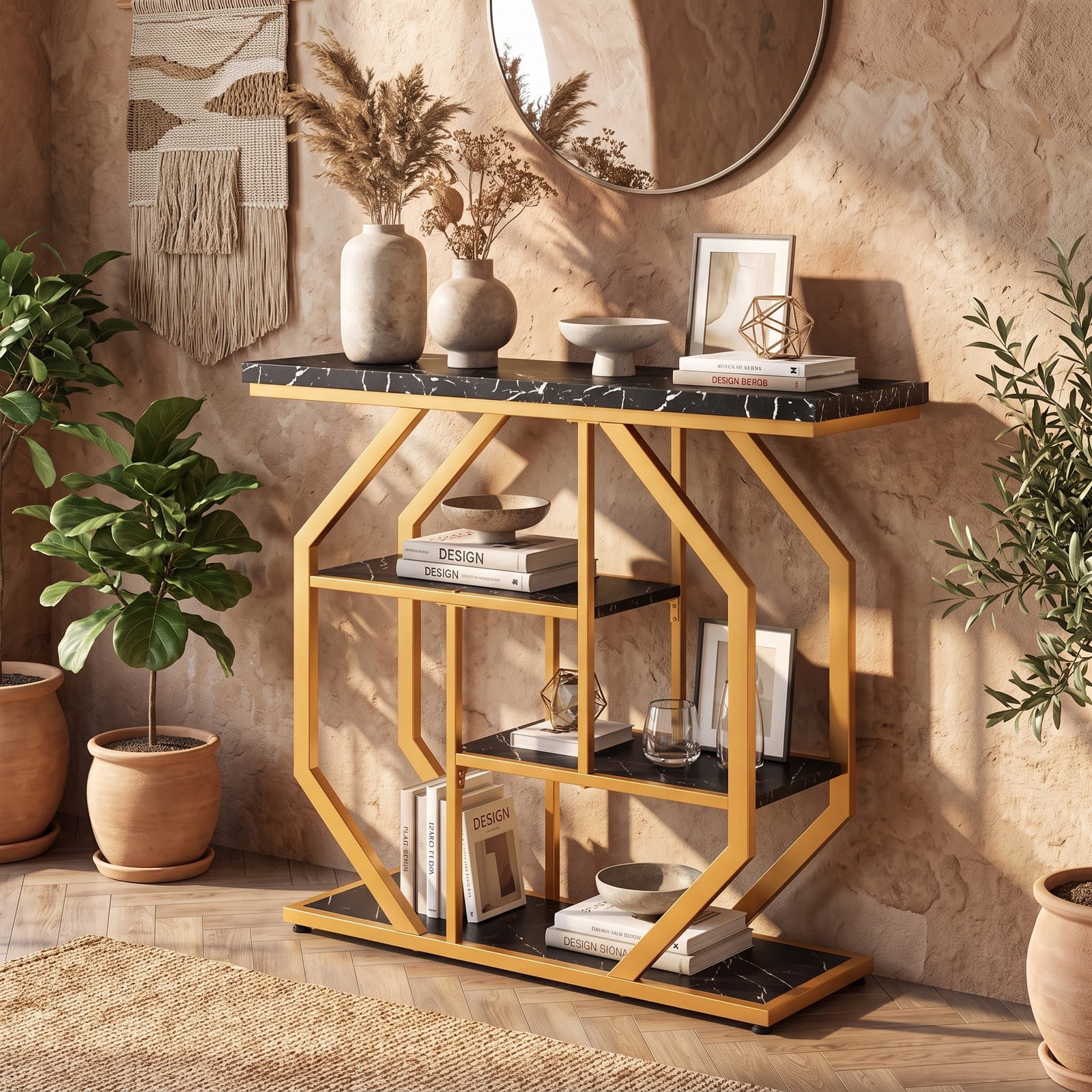 Furnibear Modern Sofa Table Behind Couch 4-Tier Console Table with Faux Marble Tabletop and Open Shelves, Black and Gold