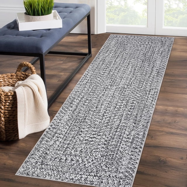 2x6 Washable Runner Rugs for Hallways Modern Braided Pattern Printed (Not Weave) Rug Non-Slip Low Pile Modern Home Decor Rugs Carpet Runners for Bedroom Entryway Kitchen, Gray