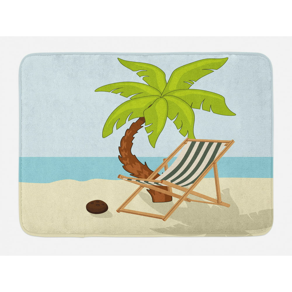 Beach Bath Mat, Cartoon Style Drawing Palm Tree Coconut and Sunbed on ...
