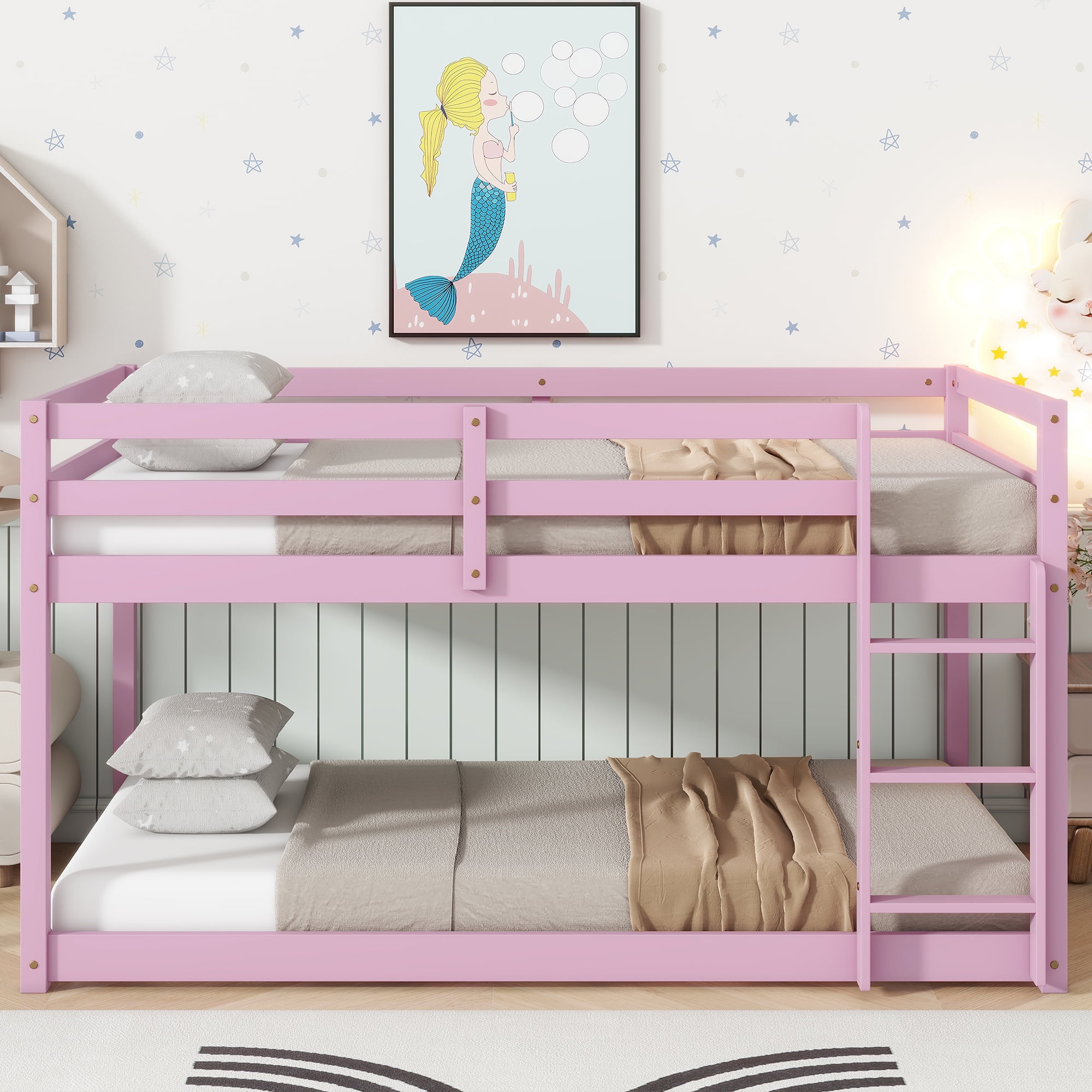 Alvantor Twin Over Twin Bunk Bed, Solid Rubber Wood Low Floor Bunk with Ladder, Pink