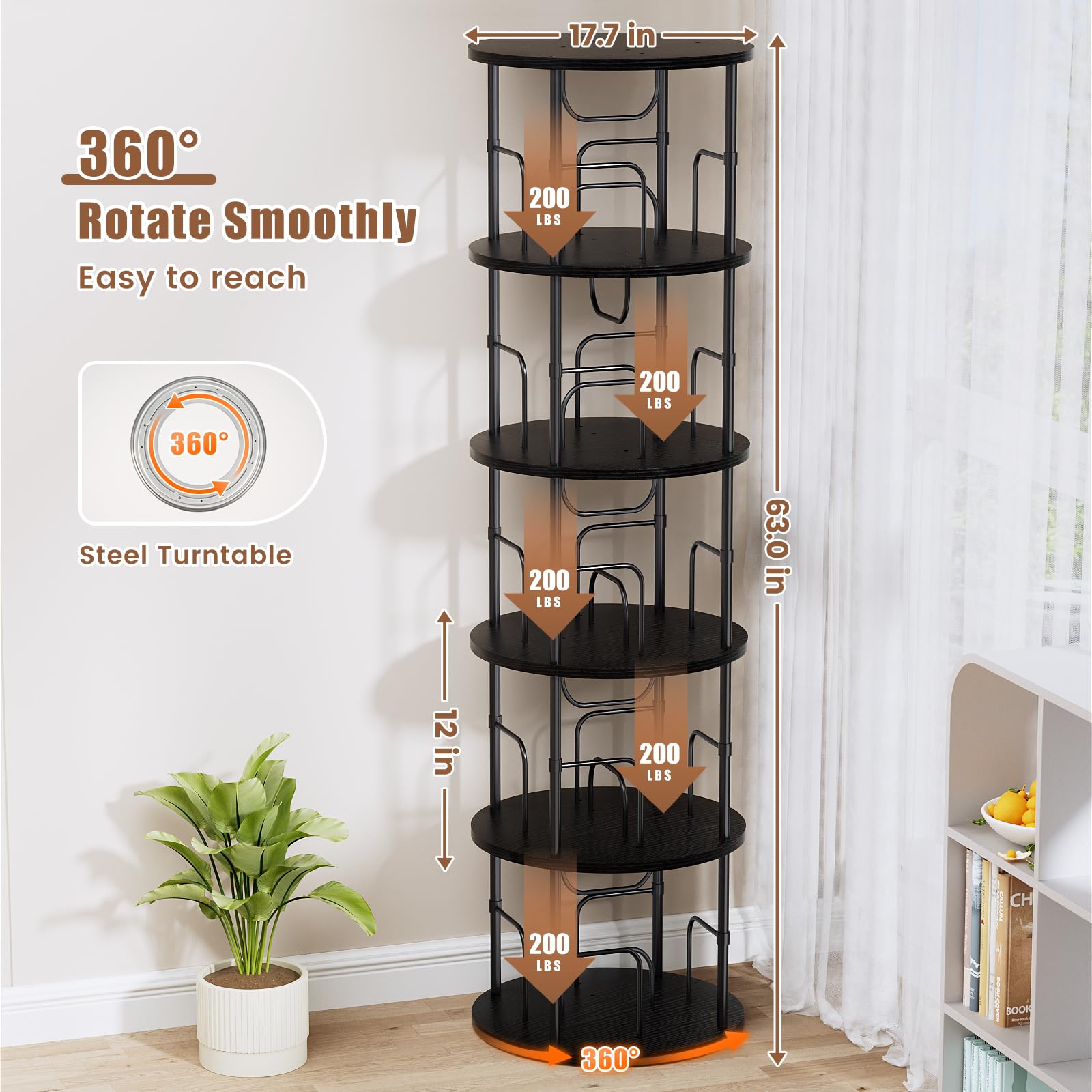 Flycity 5-Tier 360° Rotating Bookcase, Black photo 2