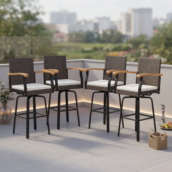 Resenkos 4-Pack Outdoor Swivel Bar Stools with Off-White Cushions, Acacia Wood Armrests & PE Rattan Seats – 360° Rotating, Ideal for Patio, Poolside & Backyard (29" Seat Height)