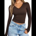 thumbnail image 1 of Camisas de Larga para Mujer, Moda Otoño 2025, Cuello en V, Blusas Básicas, Blusas Ajustadas Y2K. Café M, 1 of 10