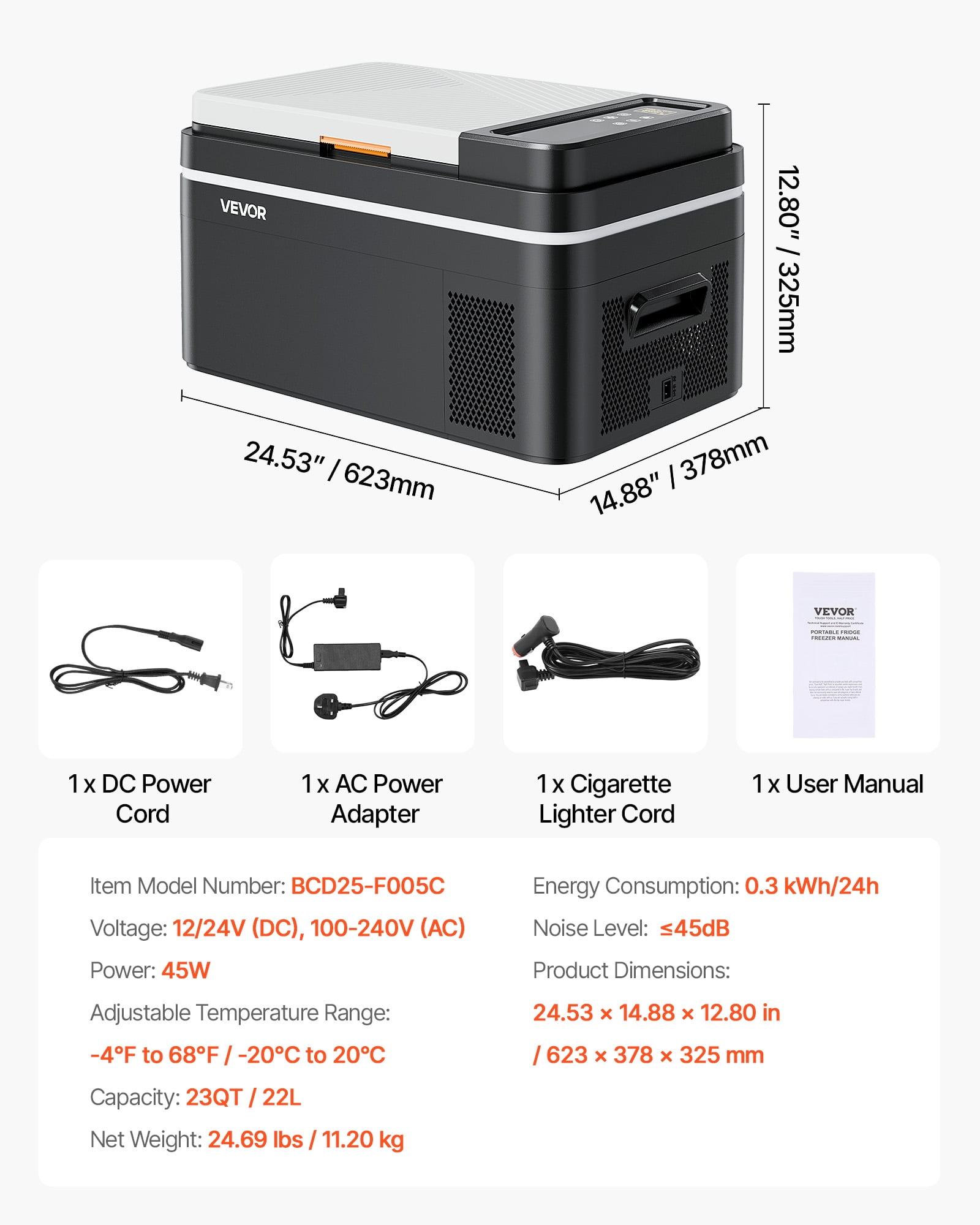 VEVOR Car Refrigerator, DC 12/24V AC100-240V Compressor Electric Cooler, -4°F to 68°F Car Fridge with APP Control, 23 QT Cars Freezer for RVs, Campsites, Boats, Camping, Fishing, 45W Portable Freezer