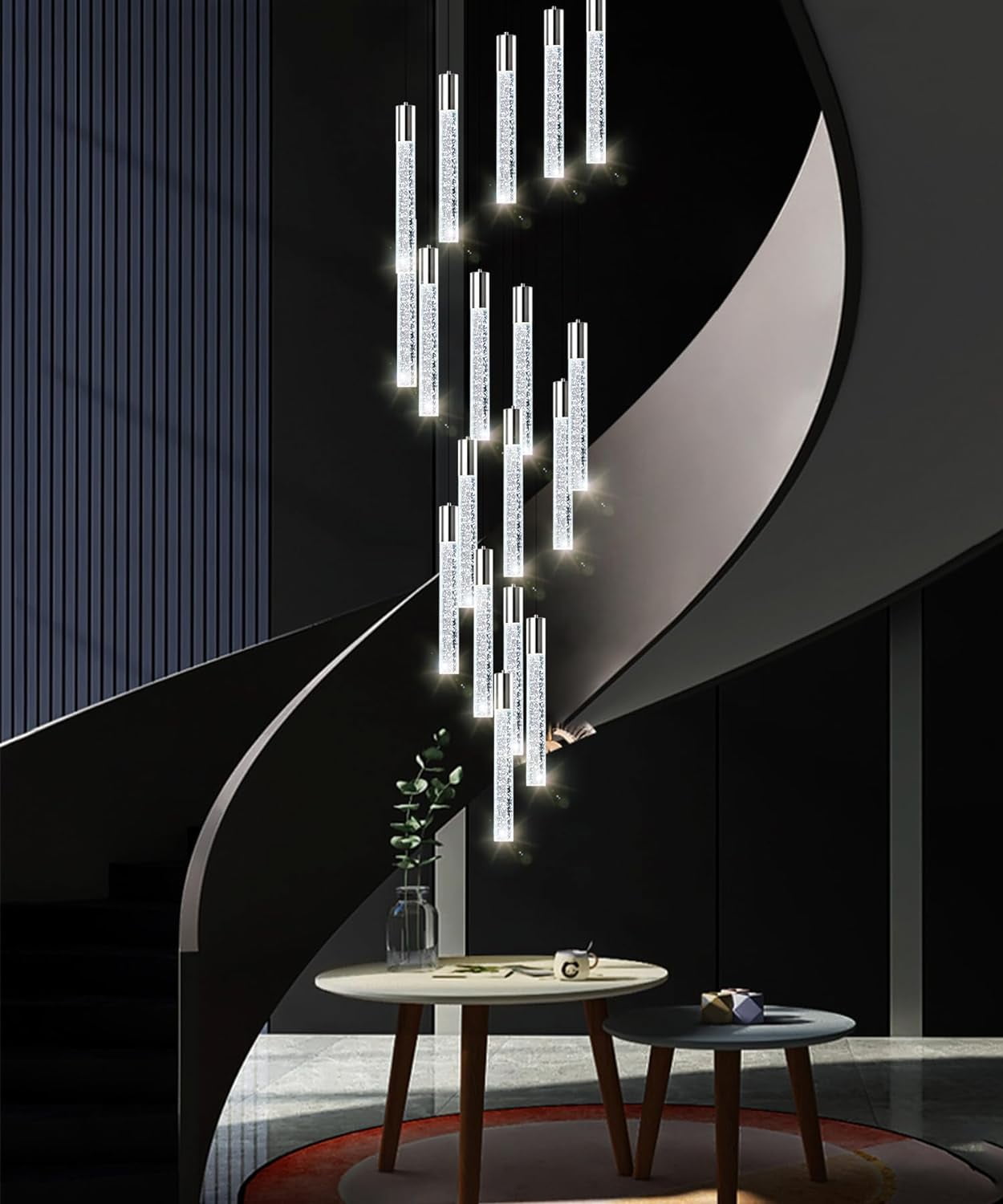 Modern Crystal Chandelier Dimmable LED Pendant Light Fixture 18-Light Silver Staircase Mini Chandelier Lobby Living Room Bedroom Foyer Flush Mount High Ceiling Light Fixtures(90W)