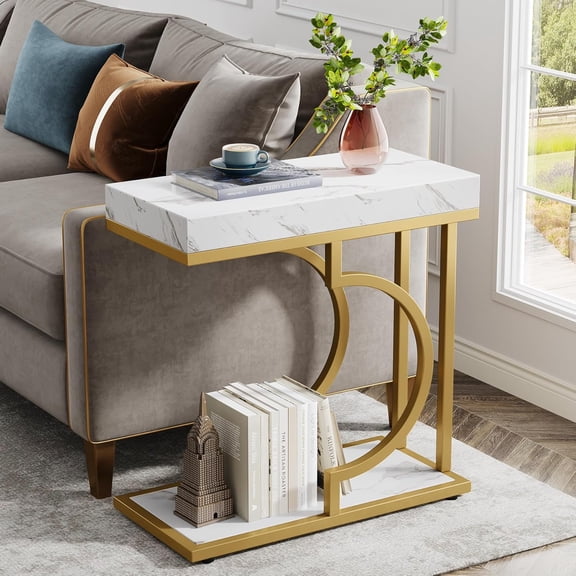 Narrow Side Table White Gold Side Table C Shaped End Table Modern Bedside Table Small Side Table for Couch, Sofa Table with Metal Frame for Living Room (1) (1, White Gold)