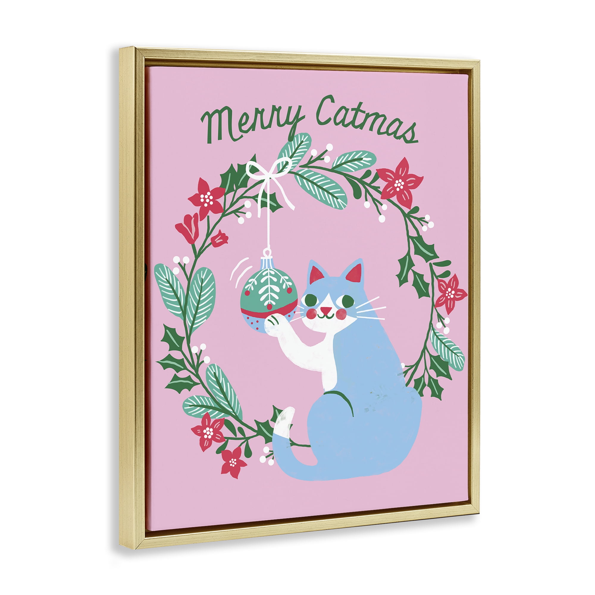 Stupell Industries Merry Christmas Pink Cat Holiday Painting Gold Floater Framed Canvas Art Prints Wall Art, 25 x 31