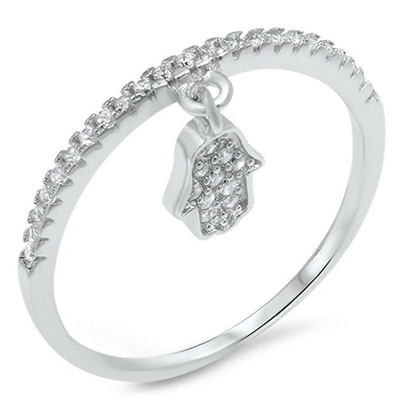 White Cubic Zirconia Dangling Hamsa Ring 925 Sterling Silver Hand of God Band Jewelry Female Size 9