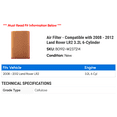 thumbnail image 2 of Air Filter - Compatible with 2008 - 2012 Land Rover LR2 3.2L 6-Cylinder 2009 2010 2011, 2 of 2