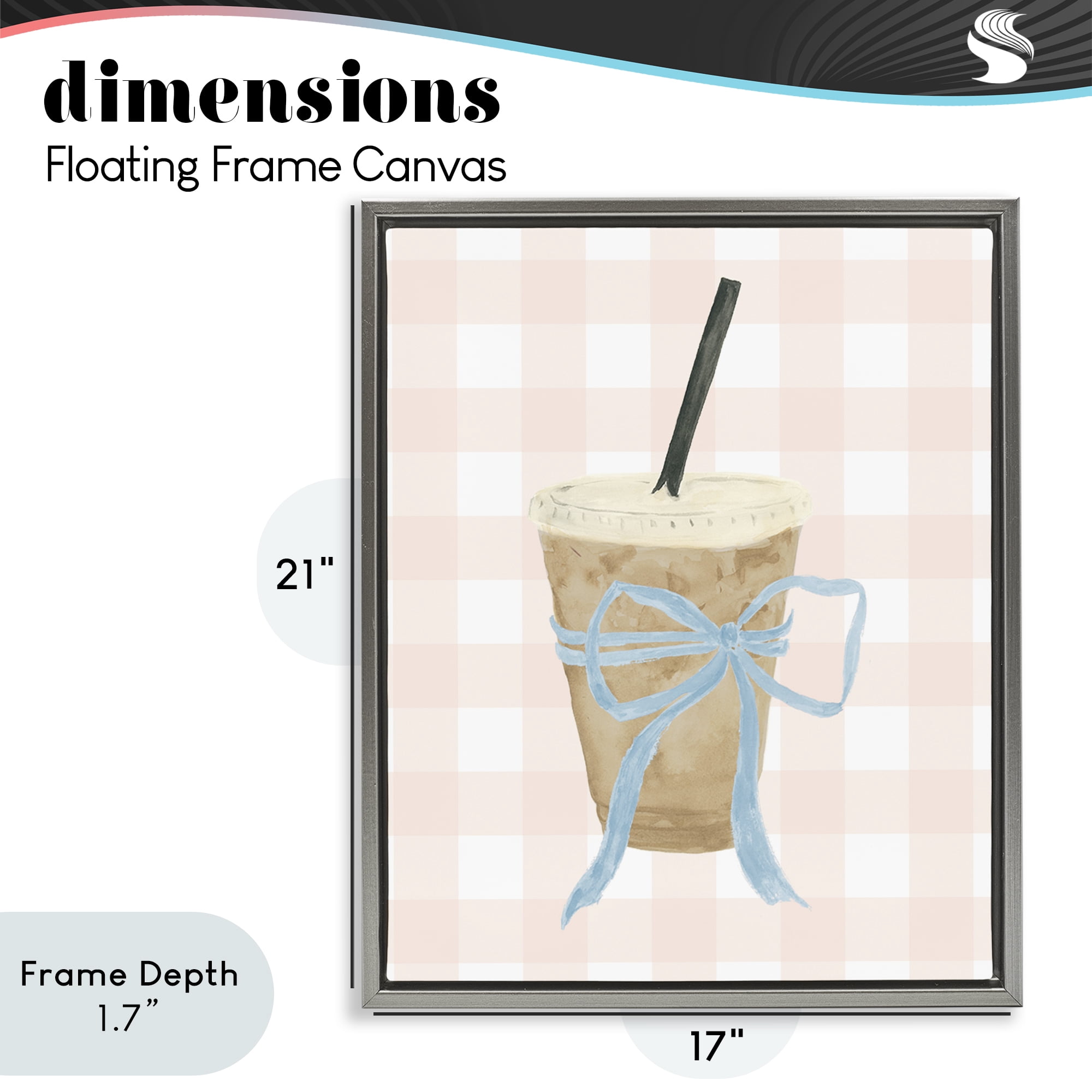 Stupell Industries Iced Coffee on Gingham Gray Framed Floater Canvas Wall Art, design by Lucille Price