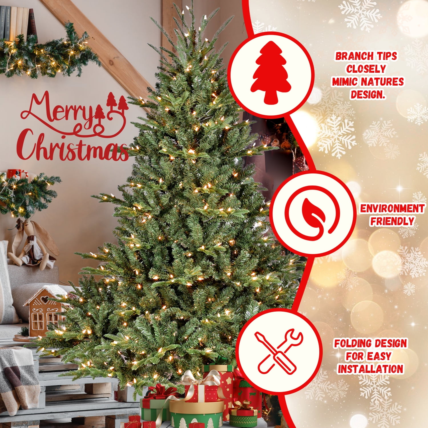 7ft Prelit Lush Christmas Tree with 350 LED Lights 1129 Tips Hinged Branches Metal Stand