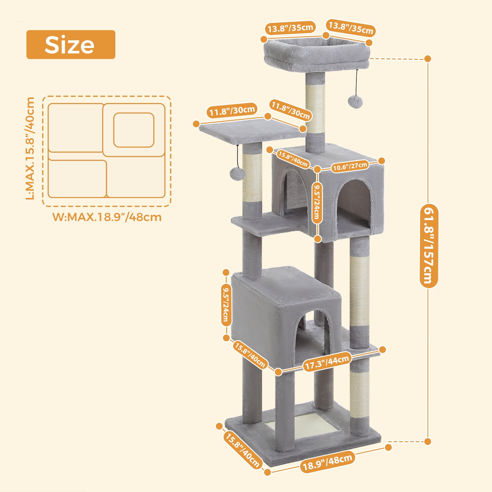 Kadyn 62" Modern Cat Tree Tower for Indoor Cats with Scratching Posts, Cozy Cat Condo and Top Perch, Dangling Ball for Small Medium, Gray