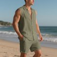 thumbnail image 4 of Paiyanr Cotton Linen Sets for Men Summer Breathable Tank Tops Shorts 2 Piece Outfits Solid Color Casual Sleeveless Shirt Drawstring Waist Beach Shorts Sets, 4 of 9