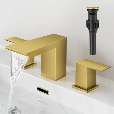 Widespread 8 Inch Bathroom Faucets Two Handle 3 Hole Brushed Gold Bathroom Sink Faucet with Pop Up Drain Stainless Steel Mixer Waterfall Vanity Lavatory Basin Tap