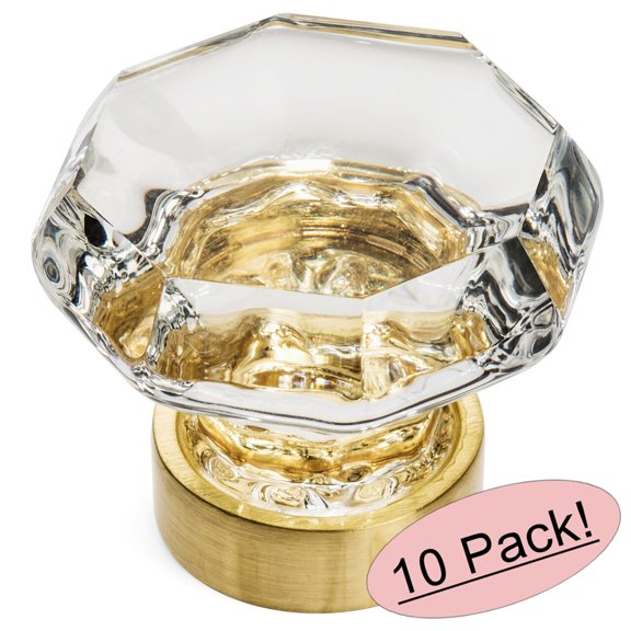 10 Pack - Cosmas 5268BB-C Brushed Brass Cabinet Hardware Knob with Clear Glass - 1-5/16" Diameter