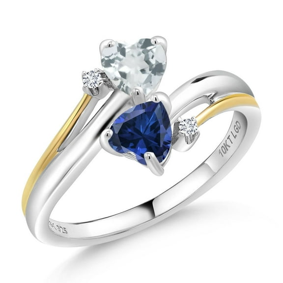 Gem Stone King 0.94 Ct Sky Blue Aquamarine Blue Created Sapphire 925 Silver and 10K Yellow Gold Lab Grown Diamond 2 Heart Promise Couple Engagement Mother Ring (Size 9)