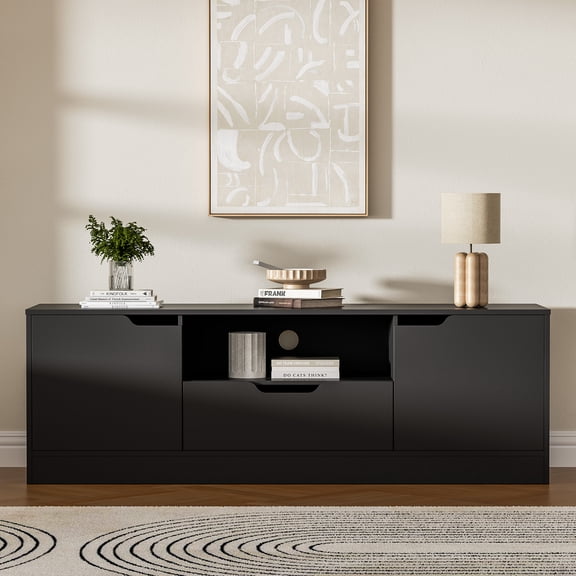 Modern TV Stand for 55/60/65 Inch TV, Media TV Console Table with 2 Doors & Drawer, Entertainment Center with Storage Cabinet for Living Room, Bedroom, Black