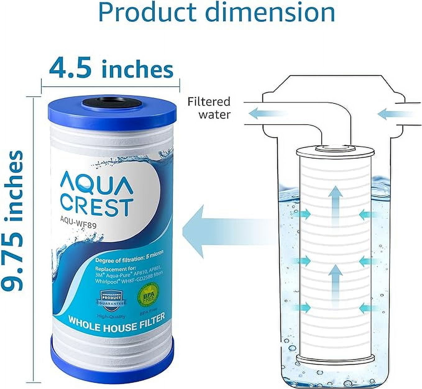 AQUACREST AP810 Whole House Water Filter, Replacement for 3M® Aqua-Pure AP810, AP801, AP811, Whirlpool® WHKF-GD25BB, WHKF-DWHBB, 5 Micron, 10" x 4.5", Well & Tap Water Filter, Pack of 3