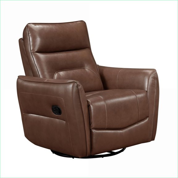 Recliner Chair, Toffee Brown Leather Swivel Glider with Pull-Handle Recline | Walnut Brown | Solid Wood