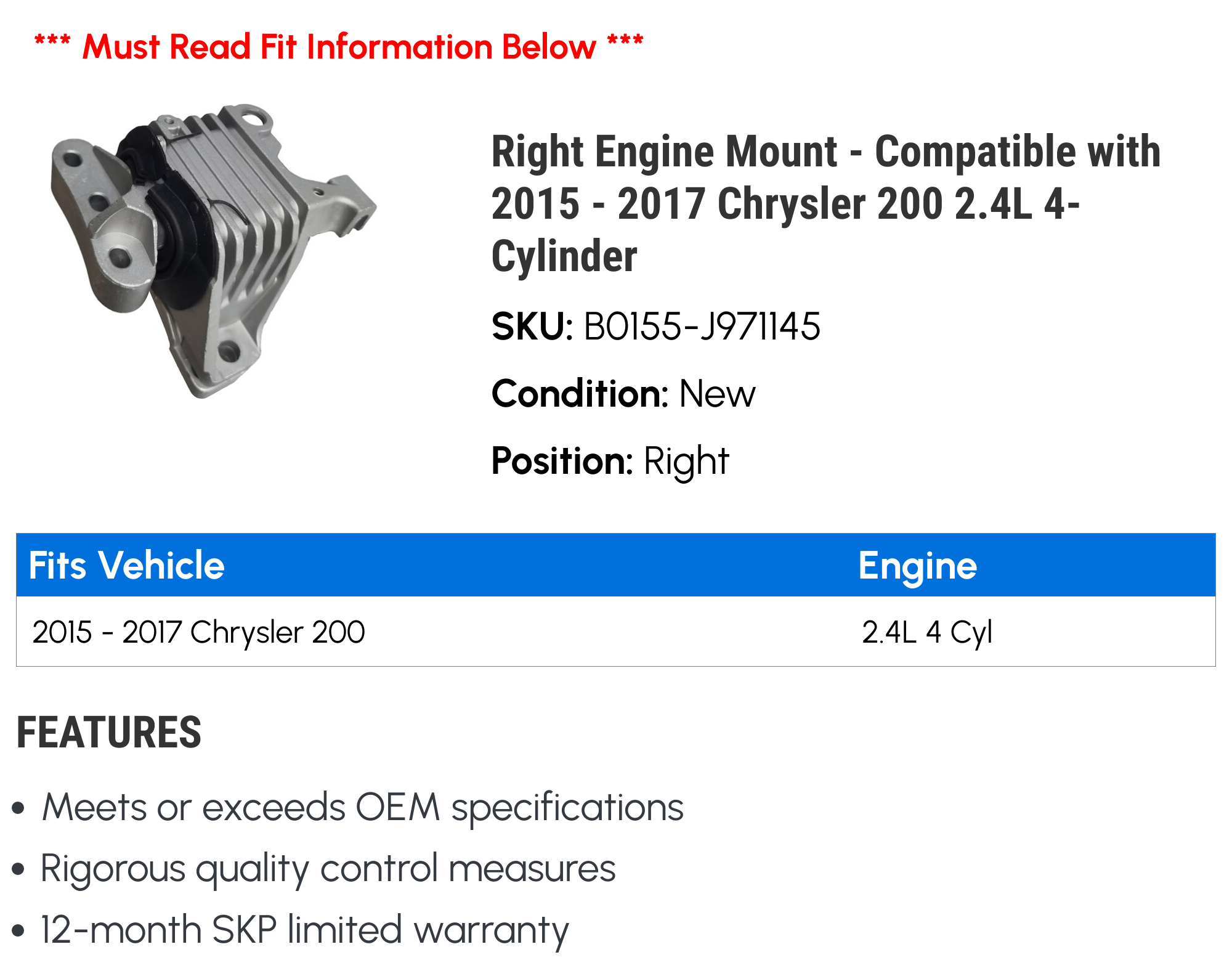 AM Autoparts Rear Torque Strut Engine Mount For Chrysler 200 (2015-2017) & Jeep Cherokee (2014-2020)