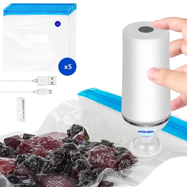 VICARKO Scelleuse Alimentaire sous Vide Économiseur Scelleuse Rechargeable USB Pompe Portative pour sous Vide et Stockage Alimentaire avec 5 Sacs sous Vide Réutilisables à Fermeture Éclair Compatibles avec Machine sous Vide Anova Joule