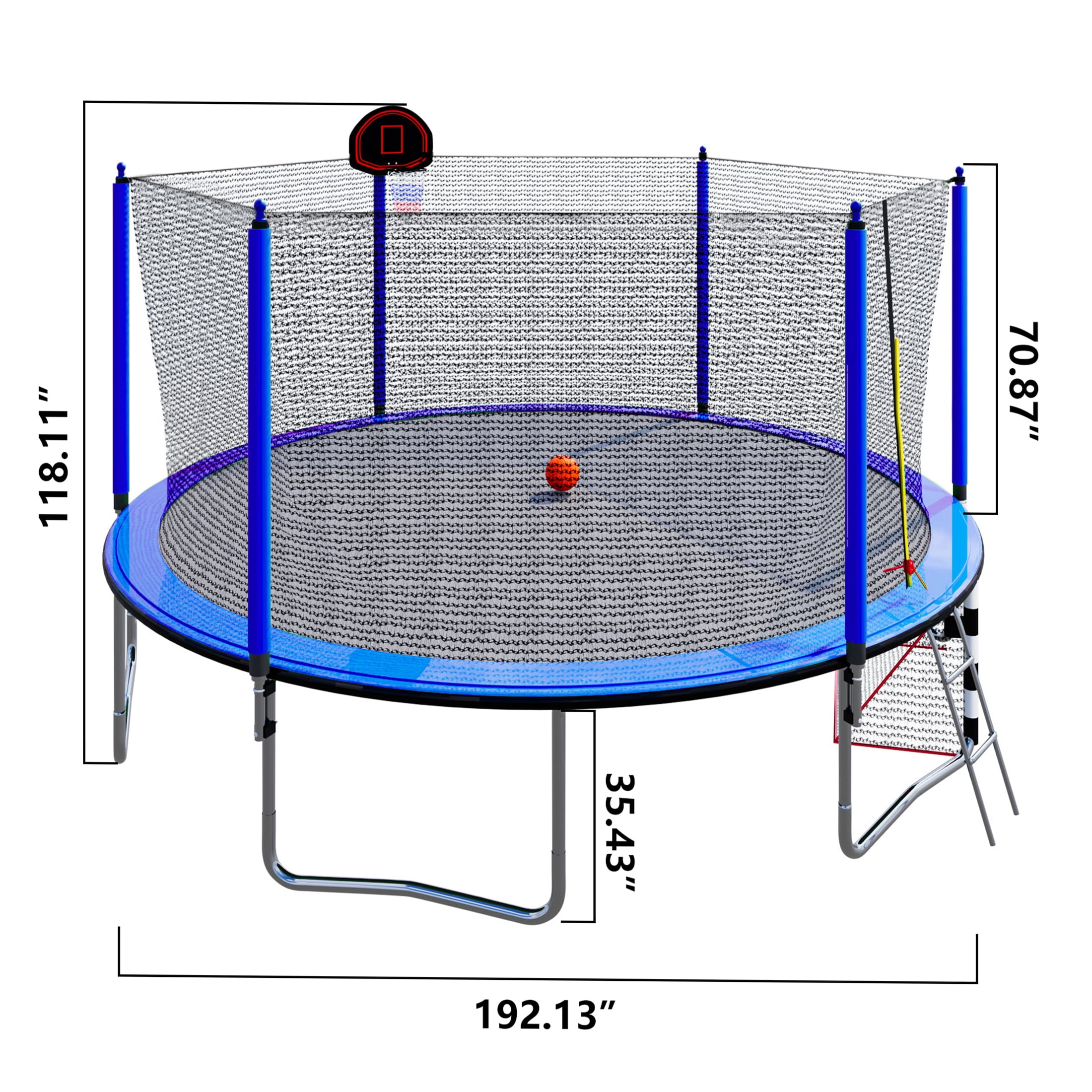 JERFIT 16FT Trampoline with Enclosure Net, Basketball Hoop, Soccer Goal, Ladder & Pump - All-in-One Outdoor Play Center for Kids, Blue