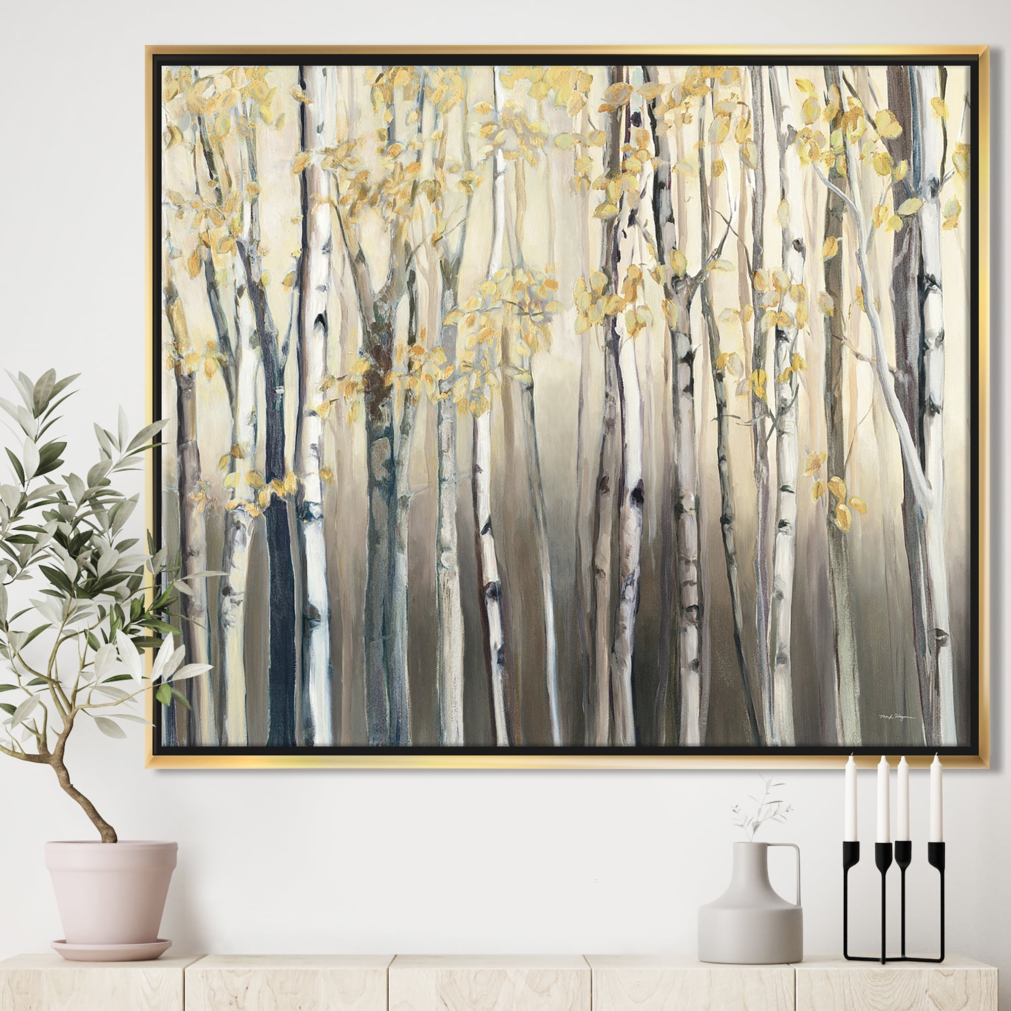 Designart ' Golden Birch Forest I ' Landscapes Framed Canvas