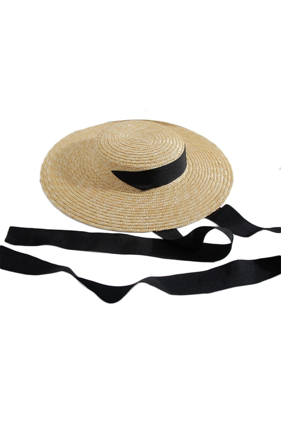 Women Large Wide Brim Flat Top Straw for Sun Visor Hat Long Ribbon Floppy Beach