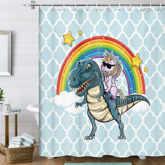 Funny Kids Shower Curtain, Cool Unicorn Riding Cute Dinosaur with Rainbow Shower Curtain Set,Polyester Fabric Cartoon Shower Curtain for Bathroom with 12PCS Hooks, Teal Blue 70X70