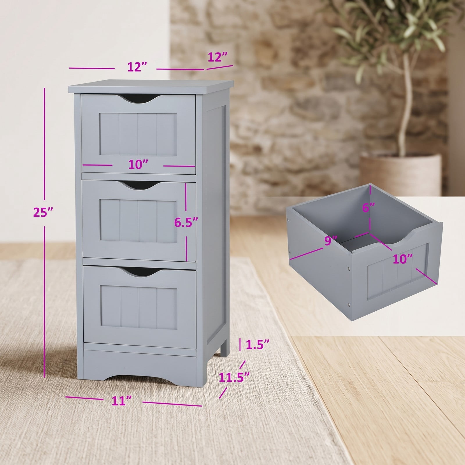 Fenbeli Freestanding Bathroom Floor Cabinet with 3 Drawers, Slim MDF Storage Organizer Tower for Small Bathroom, Bedroom, Entryway, Space-Saving Side End Table, Gray