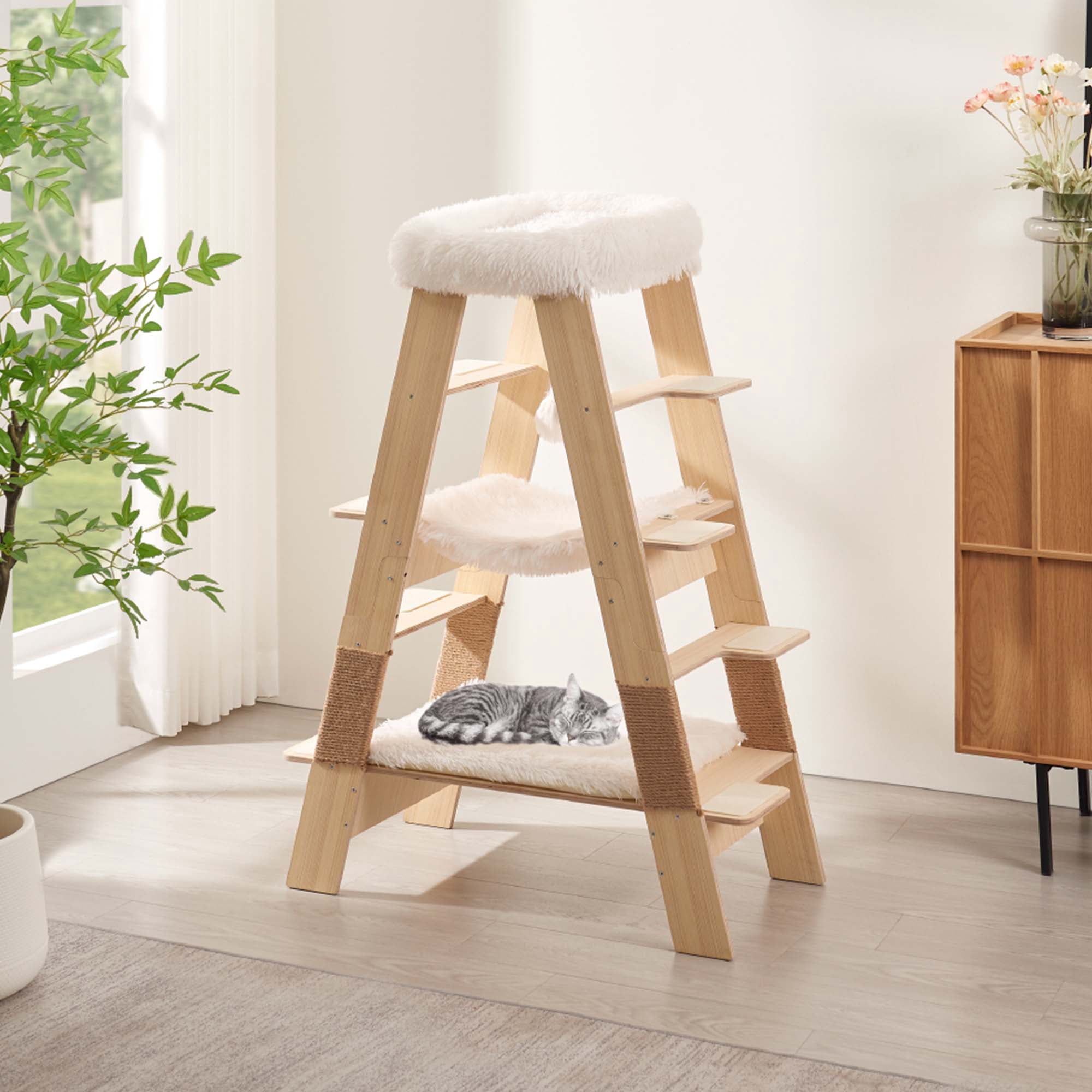 Unipaws Pyramid Cat Tree, 5-Level Wooden Cat Ladder, Sturdy Tall Cat Climbing Tower with Cozy Hammock