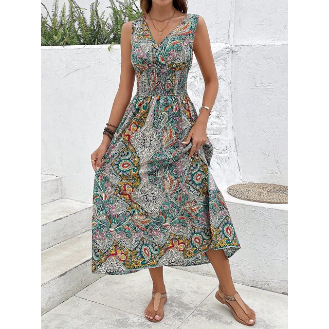 Robe Bohème Cachemire pour Femmes Col en V Manches Courtes Plissée à Volants Ligne A Longue Robe d'Été