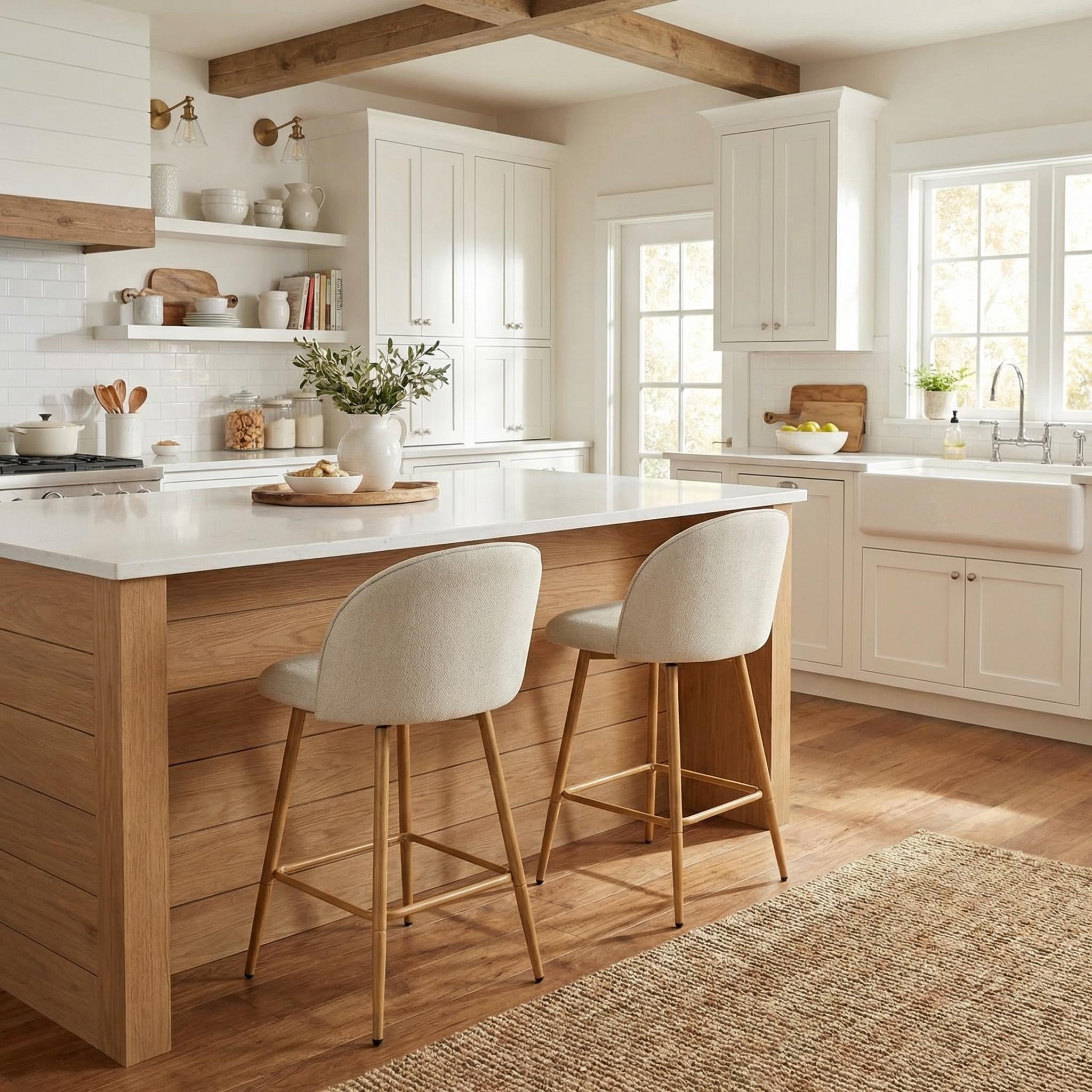 Homy Casa 26" Counter Height Bar Stool, 360° Swivel Upholstered Kitchen Island Chair, Beige