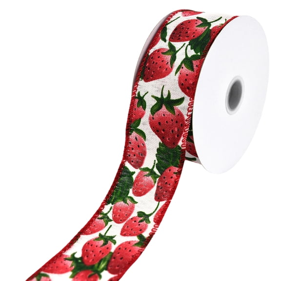 Homeford Fresh Spring Strawberries Faux Linen Wired Ribbon, 1-1/2-inch, 10-yard, Ivory