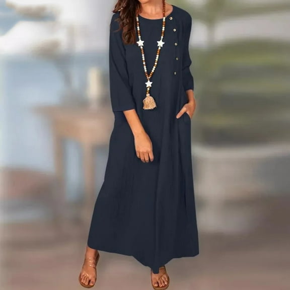 Womens Daily Casual Pockets Dress O Neck Loose Dress Solid Elegant Dress Summer Dresses Midi Length Swing Dress Dress for Women Junior V Neck Maxi Dress for Women Womens Summer Dress Dress Solid Color