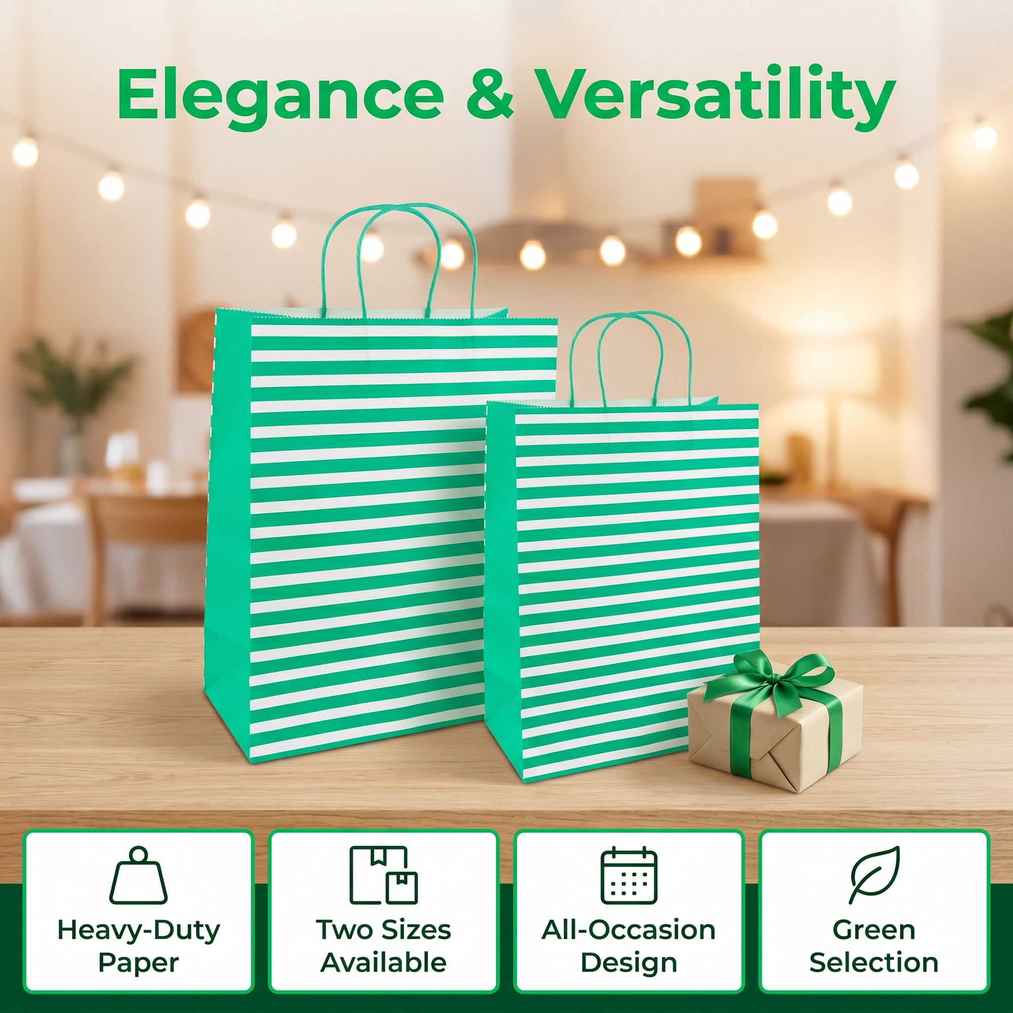 Unique Bargains Horizontal-stripe Gift Bag for Celebrations Green 5.2" x 3.2" x 8.4"