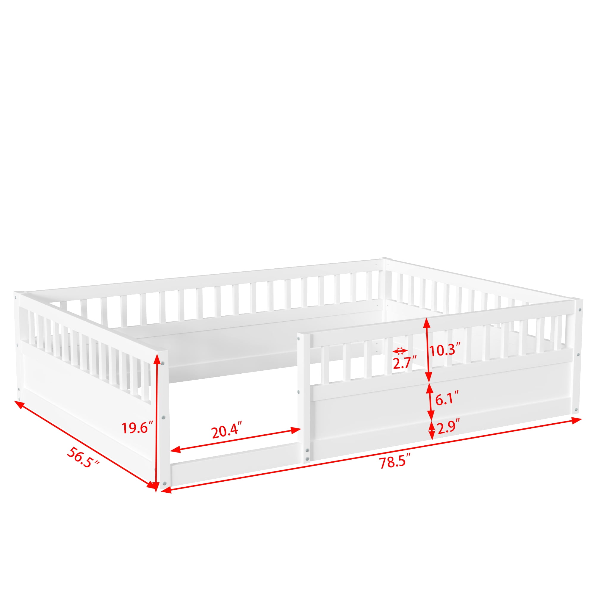 Aukfa Full Size Bed Frame with High Fence, Wood Montessori Floor Bed for Kids Toddler, White
