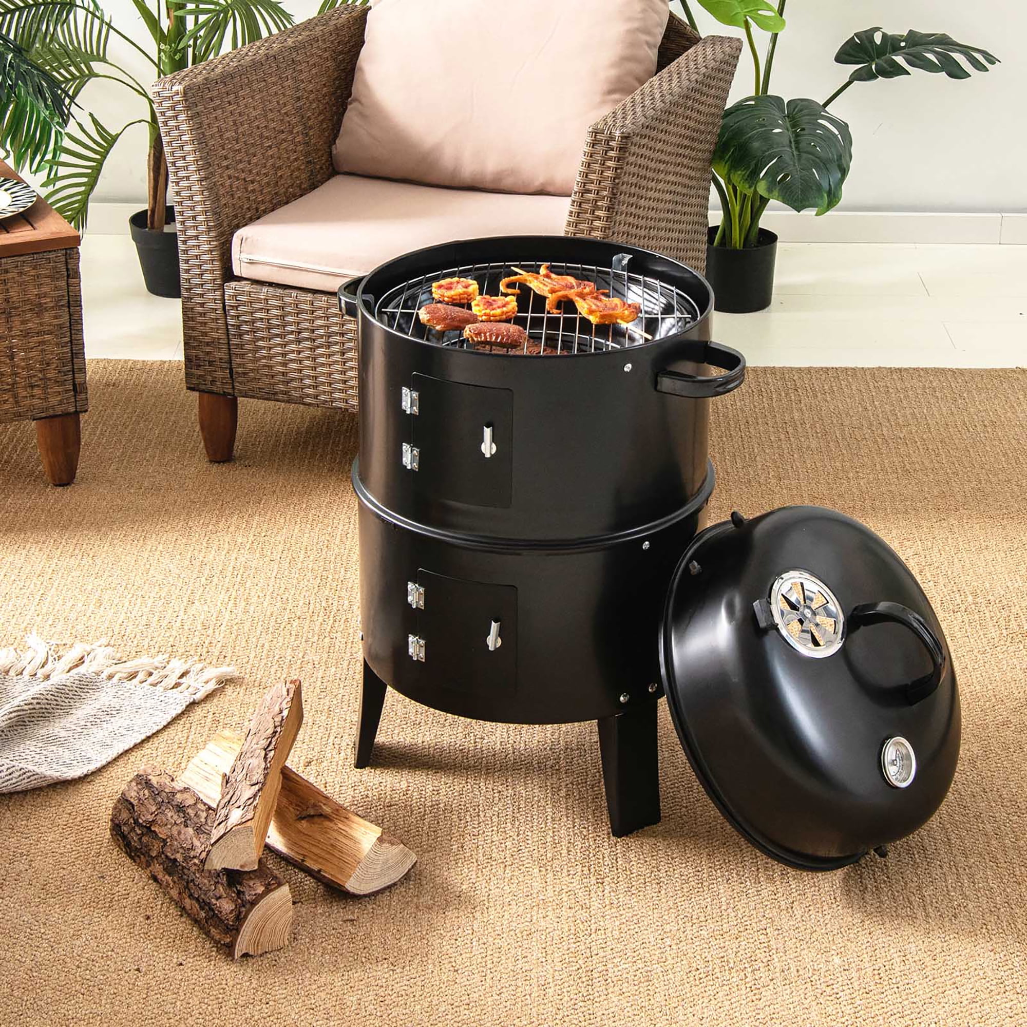 3 IN 1 TRIPLE LAYERED BARREL CHARCOAL BARBEQUE GRILL WITH SET OF 6
