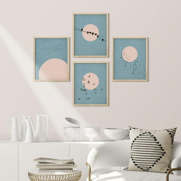 PixonSign Framed Wall Art Duotone Bird Flying in Sky and Telephone Wire Prints, Set of 4 Nature Wildernes Paintings, Minimalism Wall Décor, Adhesive Canvas Poster for Home Decor -