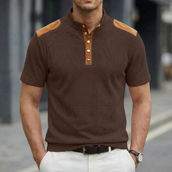 Mens Henley Shirts Button up Tees Vintage Tshirt Casual Tee Short Sleeve Splicing Collar Tops, Brown, XL