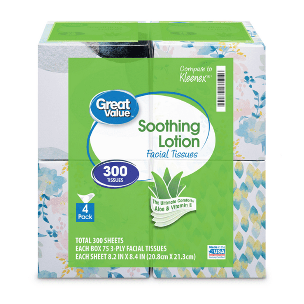 Great Value Lotion Soothing Facial Tissues, 4 Cube Boxes (300 Total