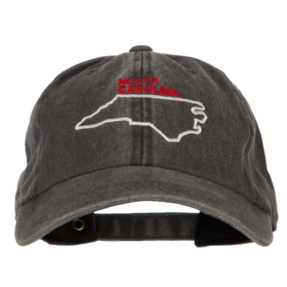 North Carolina with Map Outline Embroidered Washed Cotton Twill Cap - Black OSFM