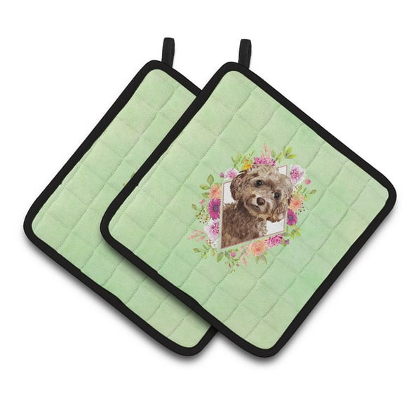 Carolines Treasures CK4413PTHD 7.5 x 7.5 in. Chocolate Cockapoo Green Flowers Pair of Pot Holders