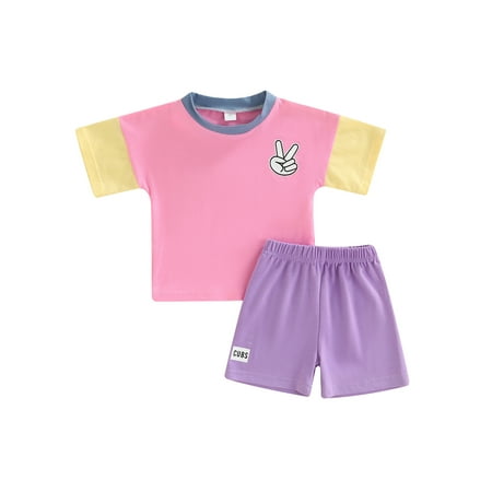 

xkwyshop 2Pcs Kids Girls Summer Clothes Set Contrast Color Short Sleeve T-shirt Tops Letter Print Shorts Casual Suit