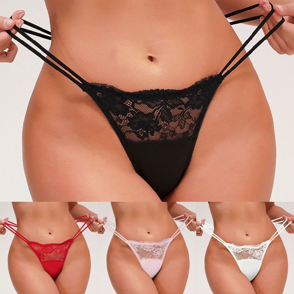 WHEANG Womens Underwear Solid Color Sheer Lace G String Thongs for Women Ultra Thin Strappy Hollow Out Lightweight Panties Low Rise Invisible Ladies Underwear Red L