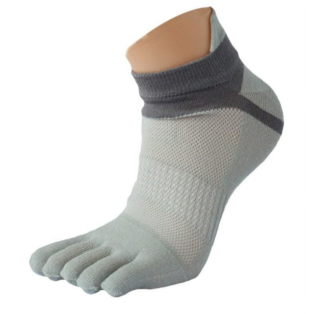 Five Toe Socks 1 Pair MenMesh Meias Sports Running Five Finger Toe Socks in blue, made of 70% combed cotton, 25% polyester fiber, and 5% spandex. Features include good elasticity, moderate thickness, and ventilation. Ideal for casual wear, sports activities, and athletic recovery, with a foot bottom length of 23cm and sock leg length of 6cm.