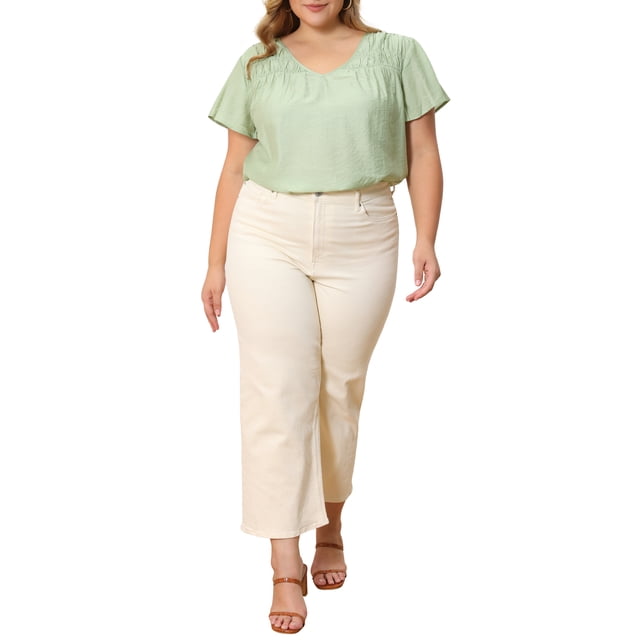 GRACE & GRANDEUR Blusas de Verano de Talla Grande para Mujeres, Conjunto de Pascua, Hombros Fruncidos, Textura Jacquard, Manga con Volantes, Cuello en V, Casual, Talla 3X Verde Claro