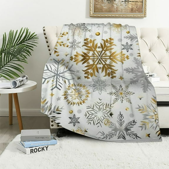 BCIIG Snowflakes Gold White Warm Lightweight Blanket Soft Fleece Throw Blanket for All Seasons - Living Room Sofa Decor Cow Gifts Blanket 40x50in