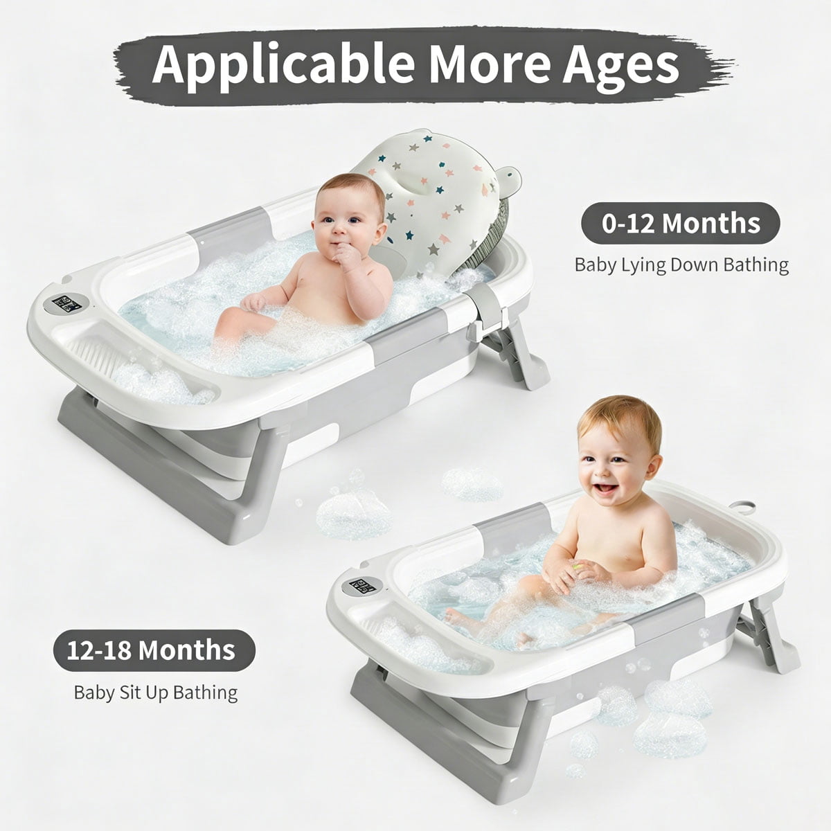 Oioane Collapsible Baby Bathtub with Thermometer & Soft Cushion, Portable Infant Bath Tub for Newborn to Toddler, Gray