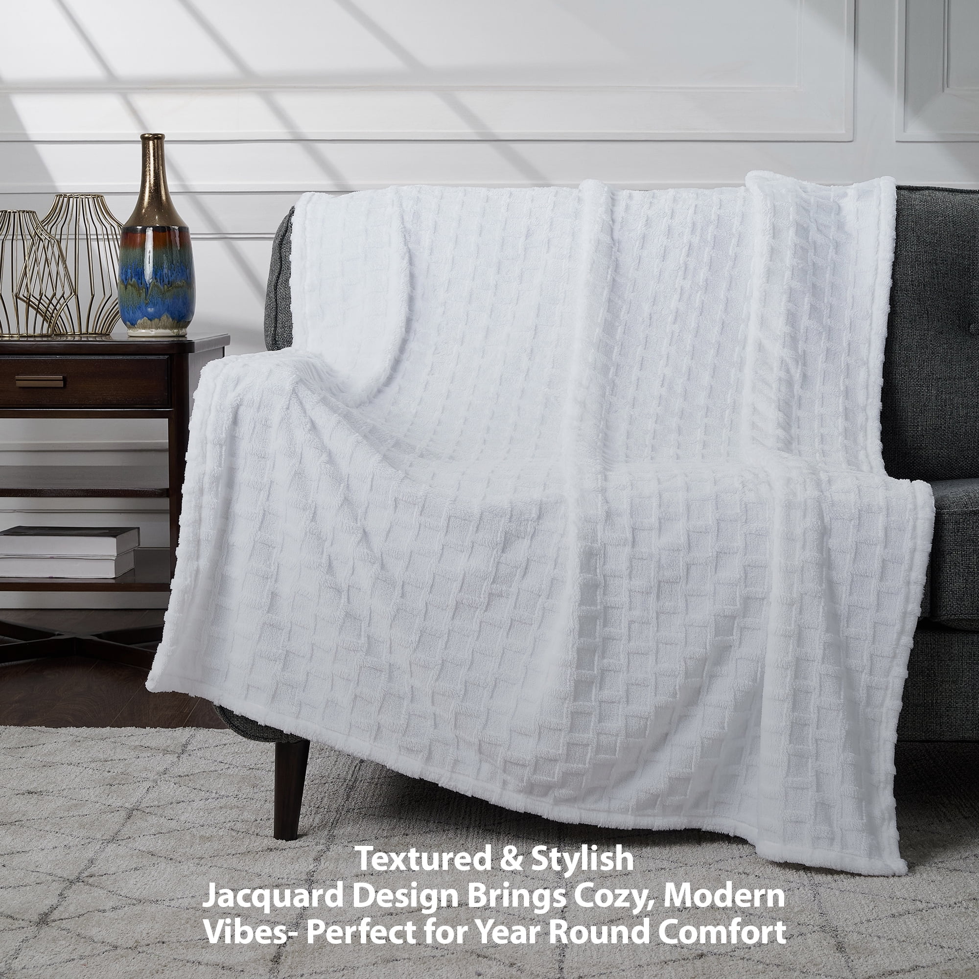 CBCHome Velvet Plush Jacquard Tile Throw Blanket for Couch - Buttery Soft, Cozy Throw, Cute Gifts for Women (Bright White, 50" x 60")